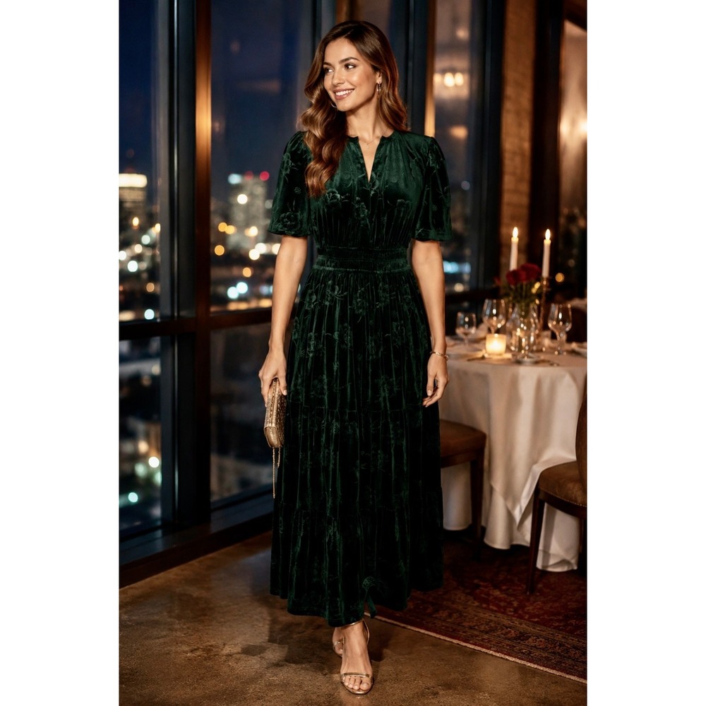 BALTIC BORN Green Velvet Artemis Maxi Dress Tonal Floral Smocked‎ Flutter Small